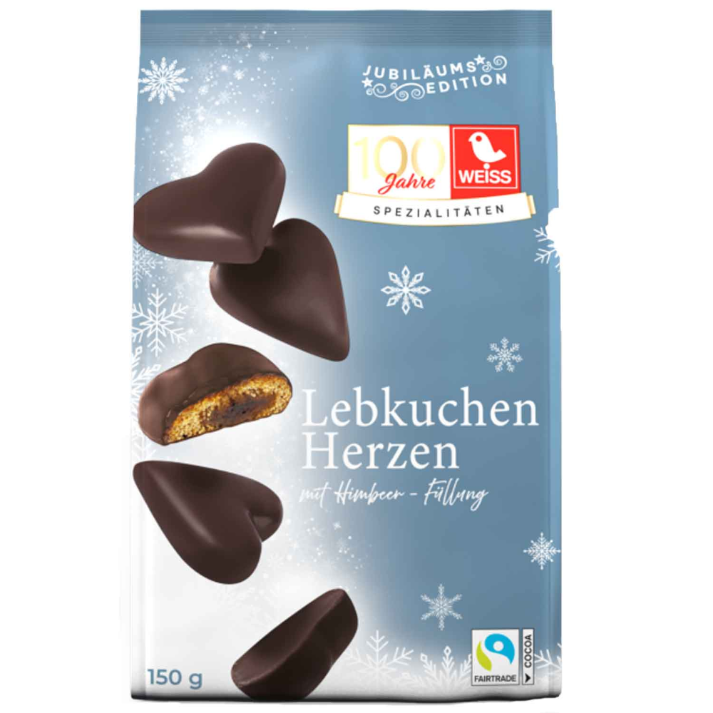 Corações de Lebkuchen Recheados Brancos Framboesa Amargo 150g / 5.29oz