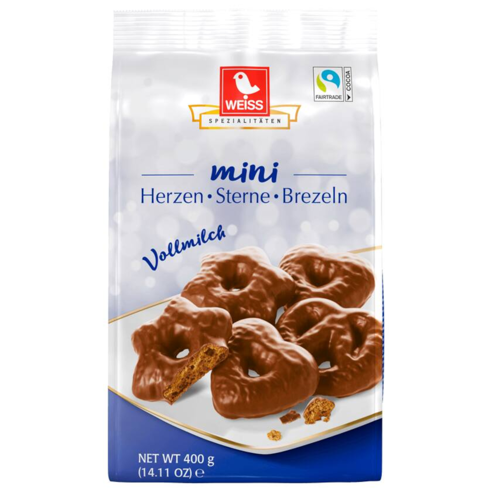 White Mini Gingerbread Hearts Stars &amp; Pretzels Milk Chocolate 400g