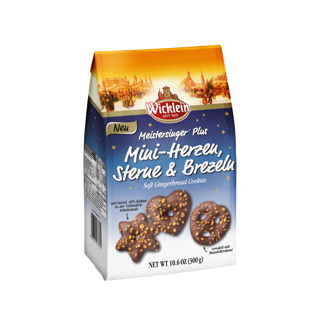 Wicklein Meistersinger Plus Mini Hearts, Stars &amp; Pretzels Whole Milk 300g